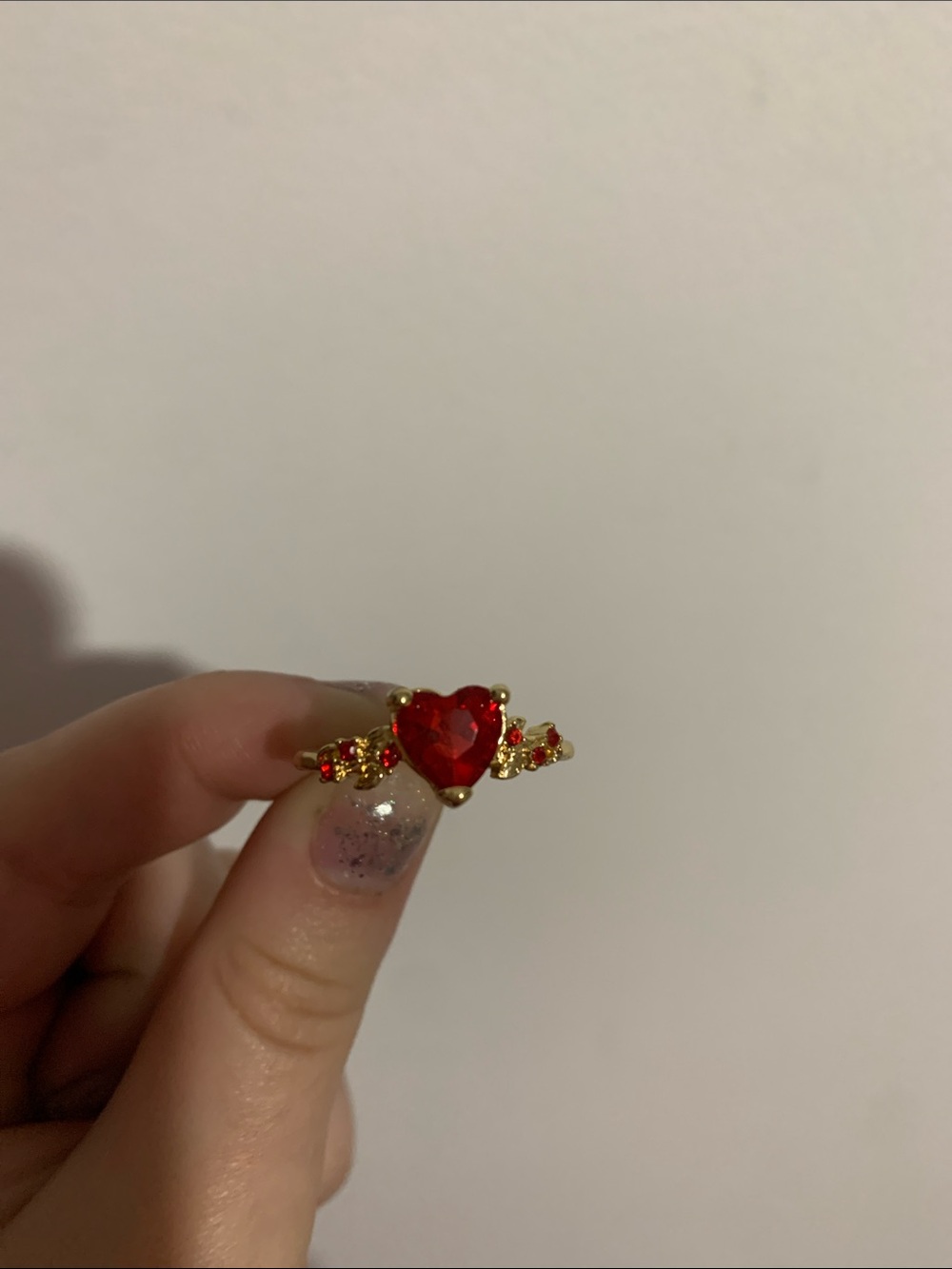 NO TARNISH SILVER Gold Heart Ring with Red Crystal Center